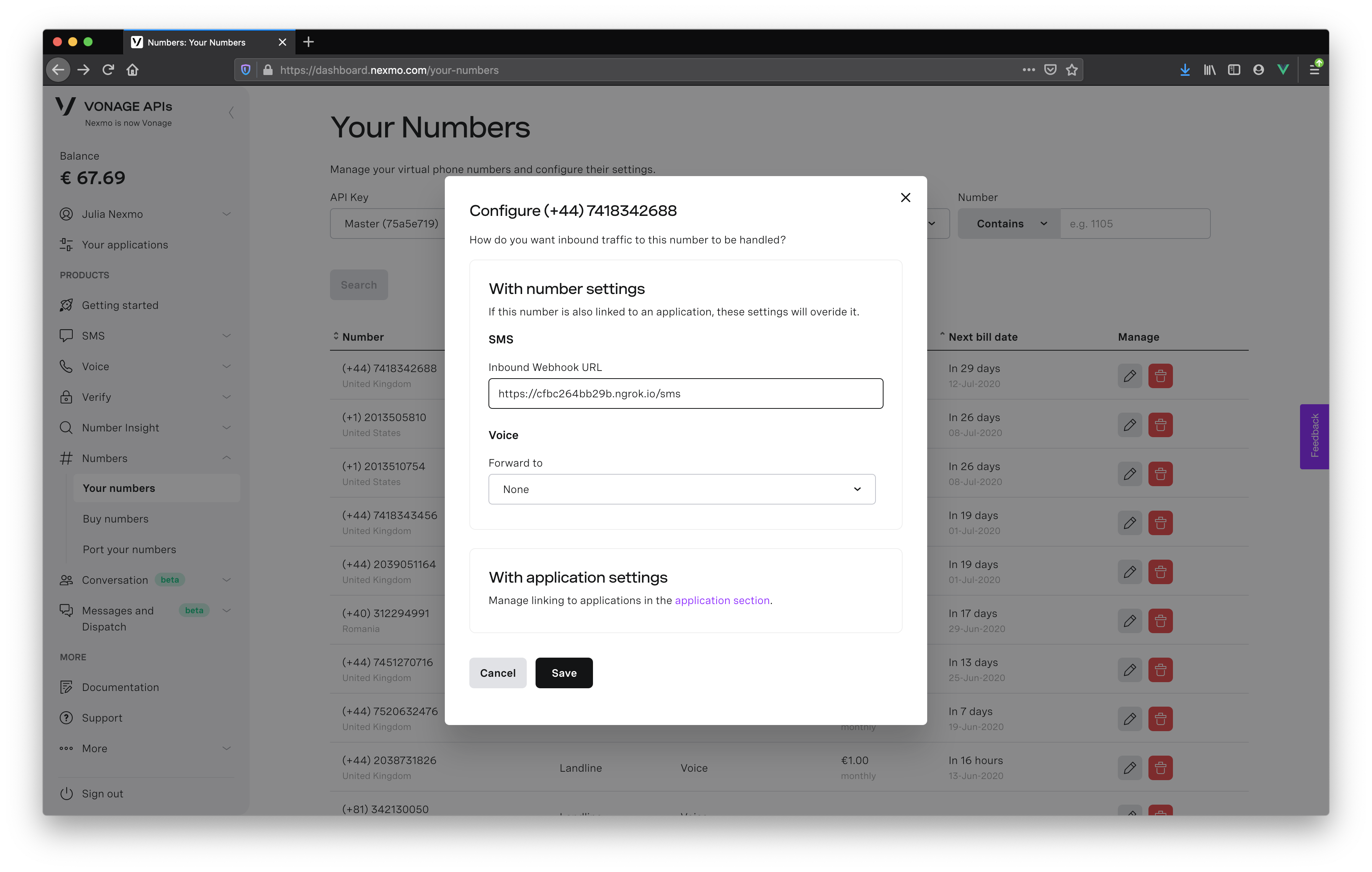 Configure Number for SMS in Dashboard