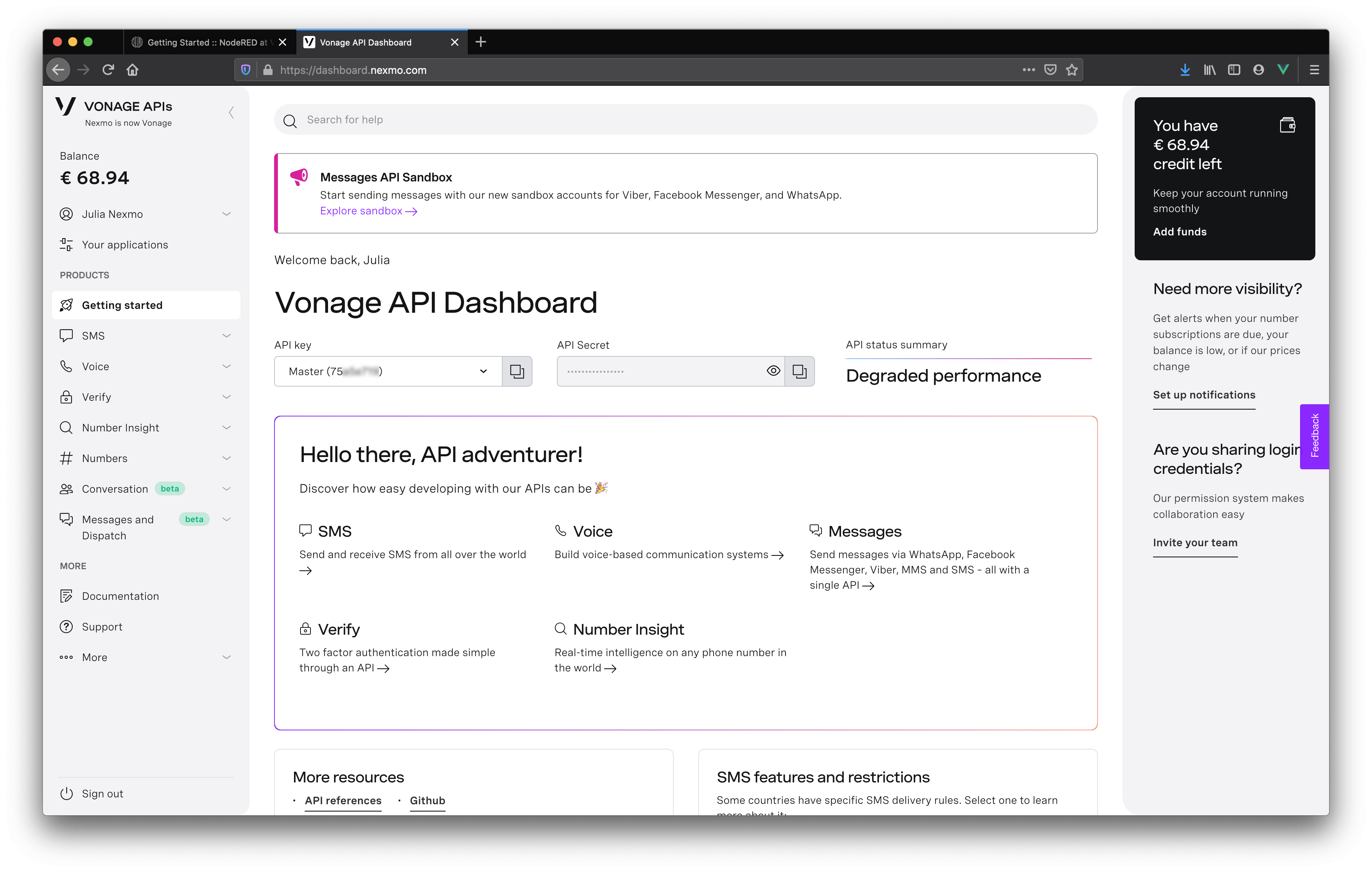 Vonage Dashboard